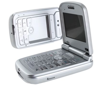  3D Render of an Open Flip Phone with Metallic Finish, Angled Perspective, Transparent Background