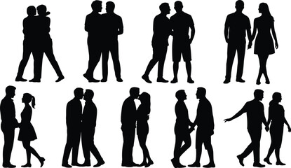 Silhouette couples holding hands or kissing – vector set of romantic LGBTQ and heterosexual love illustrations for web, posters, infographics