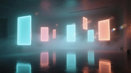 Neon Glowing Rectangles in a Foggy room