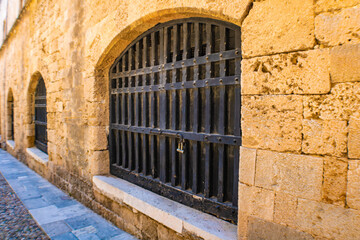 Close up of old metal door in the Street of The Knights in the Old Town of Rhodes also known as Odos Ippoton in Greek, Greece