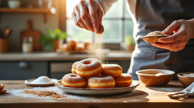 Freshly baked donuts on plate being dusted with cinnamon sugar by baker in warm kitchen light, creating cozy and inviting atmosphere
