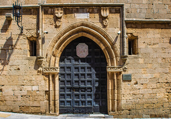 Old metal door f the Inn of France (Auberge de France) in the Street of The Knights in the Old Town of Rhodes, Greece