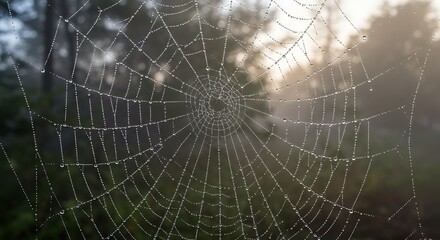 Intricate spider web with dew drops in soft forest background