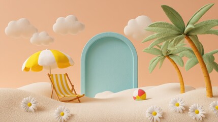 bright and cheerful illustration of a summer beach scene with playful, cartoon-style elements