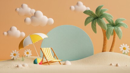 bright and cheerful illustration of a summer beach scene with playful, cartoon-style elements
