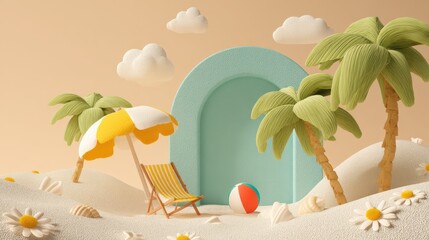 bright and cheerful illustration of a summer beach scene with playful, cartoon-style elements