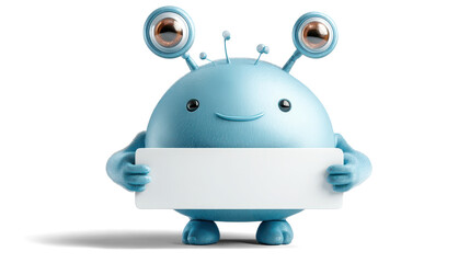 cheerful cartoon-style alien holding a white cardboard sign on white background.