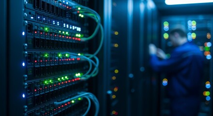 A technician works on a server rack illuminated by colorful lights, showcasing a high-tech data center environment.