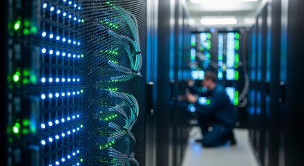 A technician works in a data center, surrounded by server racks illuminated by blue and green lights, showcasing a modern technological environment.