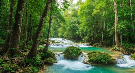 Obraz premium Lush Tropical Waterfall Landscape Scenic View Long Exposure Nature Photography Forest Stream Turquoise Water Thailand Travel Stock Image