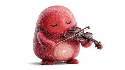 A chubby red alien playing a tiny glowing violin with eyes closed in concentration