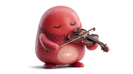 A chubby red alien playing a tiny glowing violin with eyes closed in concentration