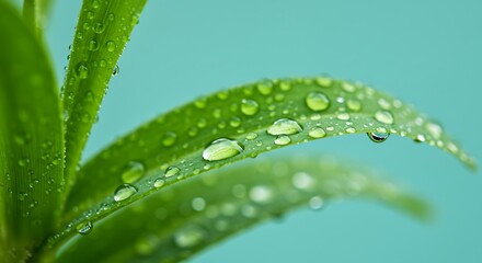 Close-up of dew-covered green leaves on mint background, fresh light