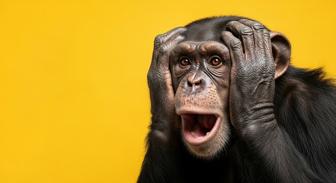 Shocked Chimpanzee with Hands on Head, Yellow Background, Close-Up Portrait