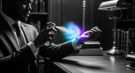 A well-dressed person is shown in a distinguished room, applying a fragrance to his wrist. There are books in the background.