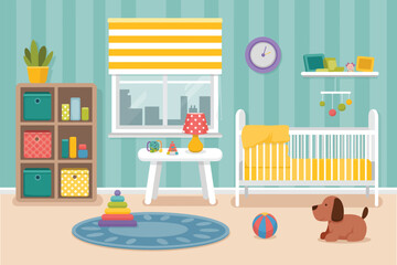 Nursery Interior for Newborn Baby Featuring Crib, Home Furniture, and Cozy Apartment Bedroom Design, Child&rsquo;s Room Setup for Comfortable Living Space    