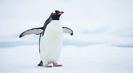 Obraz premium A solitary Gentoo penguin stands with outstretched wings on a vast, white snowy plain.