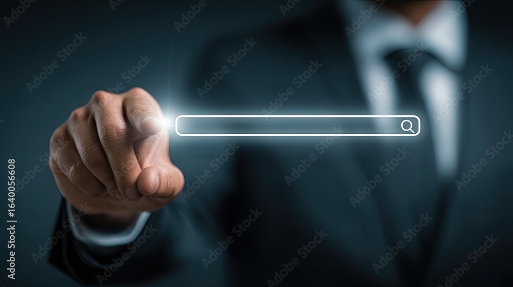 Poster man in suit pointing at a search bar on a screen.