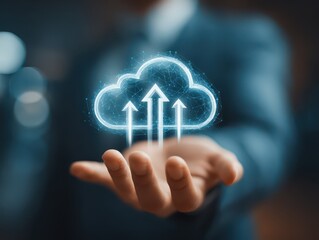 Cloud Computing and Data Transfer Technology. Businessman holding a cloud icon with upload and download arrows, symbolizing cloud computing, data transfer, and digital connectivity