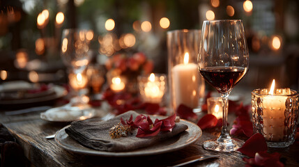 Romantic Dinner Setting with Candles Wine and Rose Petals on Table