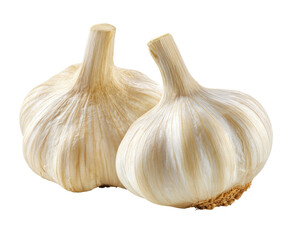 Two whole heads of garlic, light beige color, close-up, isolated on black