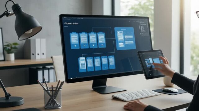 Woman Working on UX Design on Modern Desktop Computer - A woman sits at a modern desk, her hand interacting with a large desktop computer screen displaying a UX design flowchart.