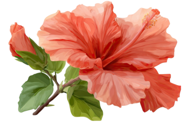 Coral hibiscus blossom with buds and leaves