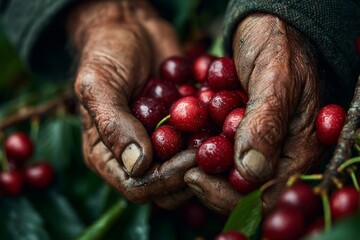 Close-up of weathered hands holding freshly picked ripe red cherries covered in water droplets with green foliage