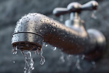 Dripping metal outdoor water faucet covered in fresh water droplets