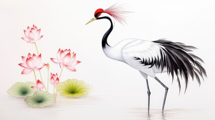 Fototapeta premium Elegant Crane Standing Near Beautiful Blooming Lotus Flowers