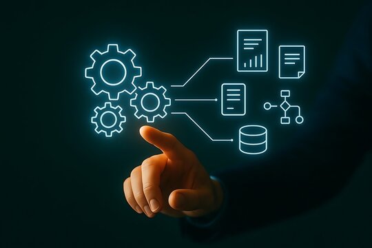 Hand interacting with glowing digital data processing and workflow visualization - Powered by Adobe