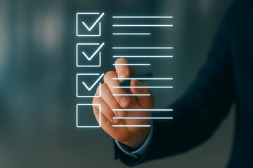 Business professional checking off tasks on a digital checklist