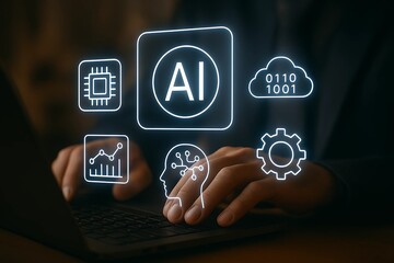 Futuristic ai technology interface with glowing icons over hands typing