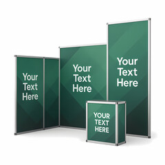 3D rendering of a green modular exhibition booth with adjustable panels and counter, isolated on white. Flexible design for branding and marketing visuals.