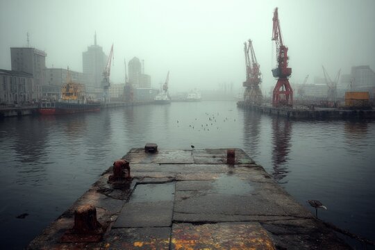 Misty industrial port landscape with large cranes and ships along the water on a foggy day
