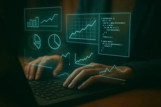 Hands typing on keyboard with glowing financial data visualizations - Powered by Adobe