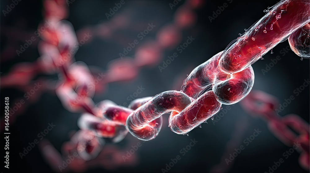 Poster a close-up, macro view of a red, glowing, interconnected chain link structure against a dark backgro