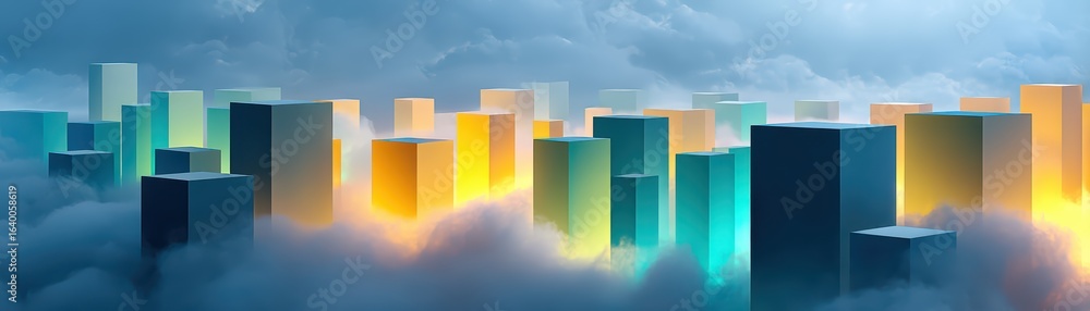 Poster abstract cityscape with colorful blocks emerging from clouds