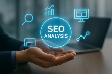 Hands holding glowing seo analysis digital interface with icons