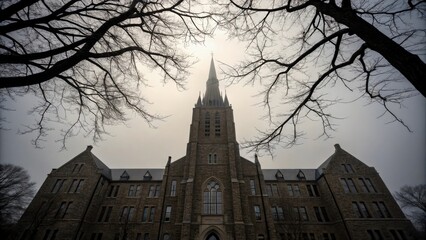 Gothic revival architecture cathedral spire against overcast sky