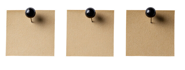 Three blank kraft paper notes with black push pins