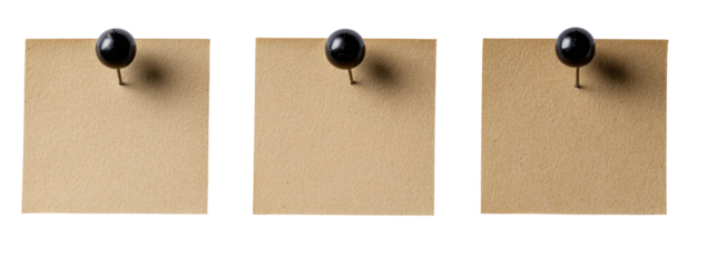 Three blank kraft paper notes with black push pins