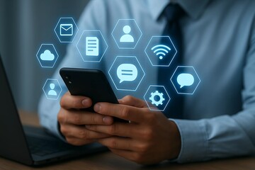 Businessman interacting with digital icons on smartphone