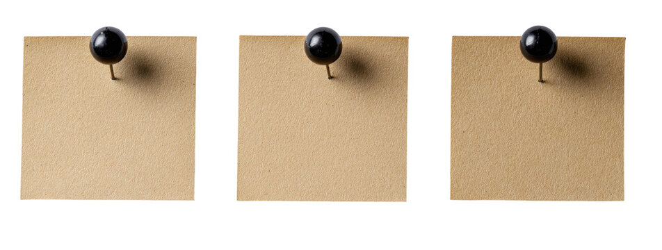 Three blank kraft paper notes with black push pins - Powered by Adobe