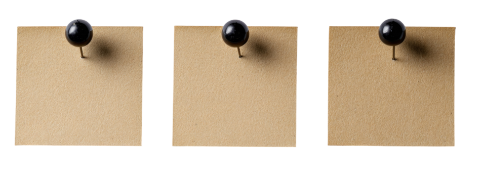 Three blank kraft paper notes with black push pins