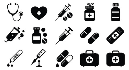 Medical Icon Set Stethoscope Syringe Pills and First Aid Kit silhouette