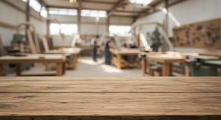 Rustic wooden tabletop with blurred carpentry workshop background showcasing craftsmanship and artisanal woodworking perfect for product mockups or industrial design concepts