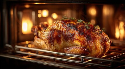 Fototapeta premium Roasting chicken on rotisserie rack inside a stainless steel oven with radiant heat