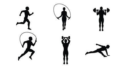 Diverse Fitness Activities in Silhouette Running Jumping Rope Weightlifting and Stretching silhouette