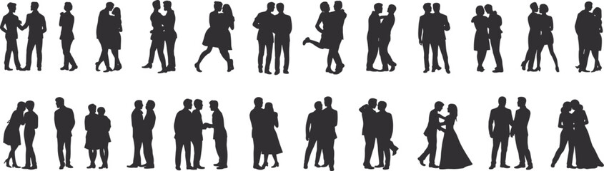Silhouettes of romantic and friendly couples in various poses: walking, embracing, kissing, shaking hands, wedding moments, love, connection